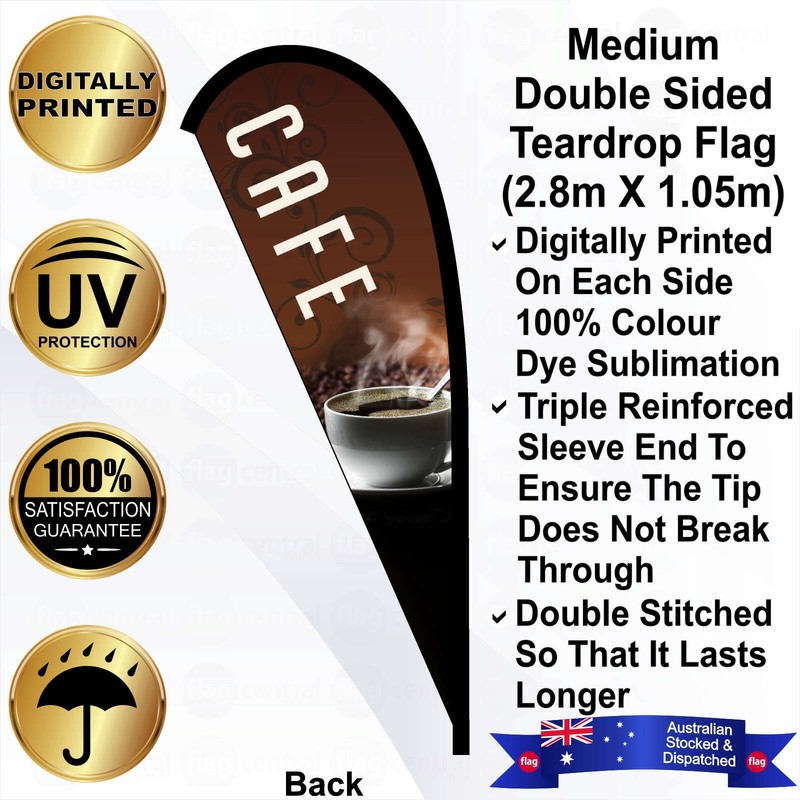 F - CAFE Deluxe Double-Sided Brown 3.5m Teardrop Flag / Banner Kit with Pole Set, Galvanised Steel Ground Spike, Steel Outdoor Cross Base, Free 15kg Water Bag and a Free Carry Bag - 2