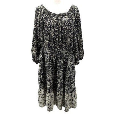 Knox Rose Floral Midi Dress Black Boho Peasant Smocked Long Sleeve Size L