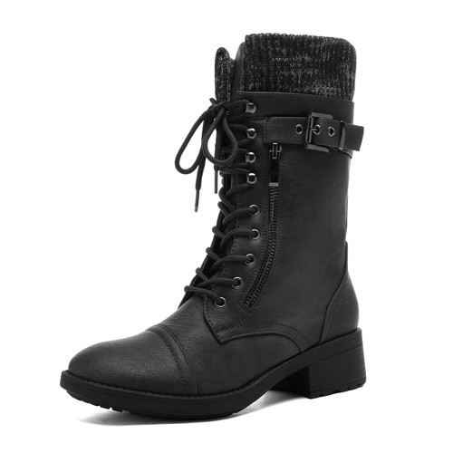 Women Lace Up Low Heel Mid Calf Boots Faux Fur Lined Combat Riding Boots - Picture 2 of 25