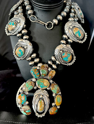 DISPLAY XXL Blue Boulder Turquoise Squash Blossom Necklace Pendant