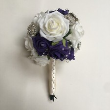 BOQUET WEDDING Flowers Cadbury Purple Ivory Brooches Satin Small Bridal