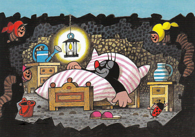 Postkarte / Postcard Art: Maulwurf schlafend im Bett