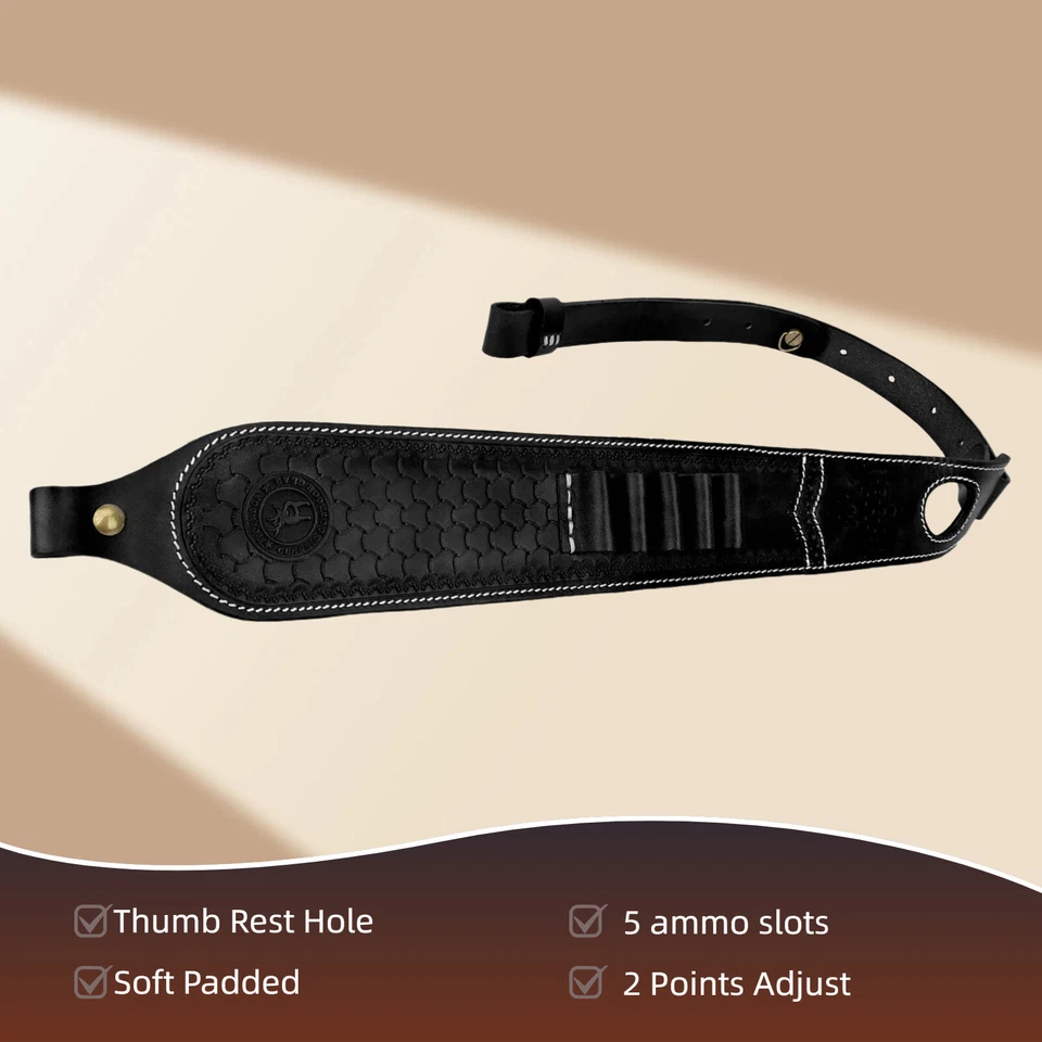 TOURBON Leather Rifle Sling Firearm Bullets Carry Strap Ammo Slot 2 Points Black - Image 2 of 4