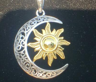 large SUN SUMMER GLOW CRESCENT MOON pendant 24'' Sterling Silver 925 chain female