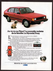 1986 HYUNDAI Pony Vintage Original Print AD Red car photo dog pup pitou french
