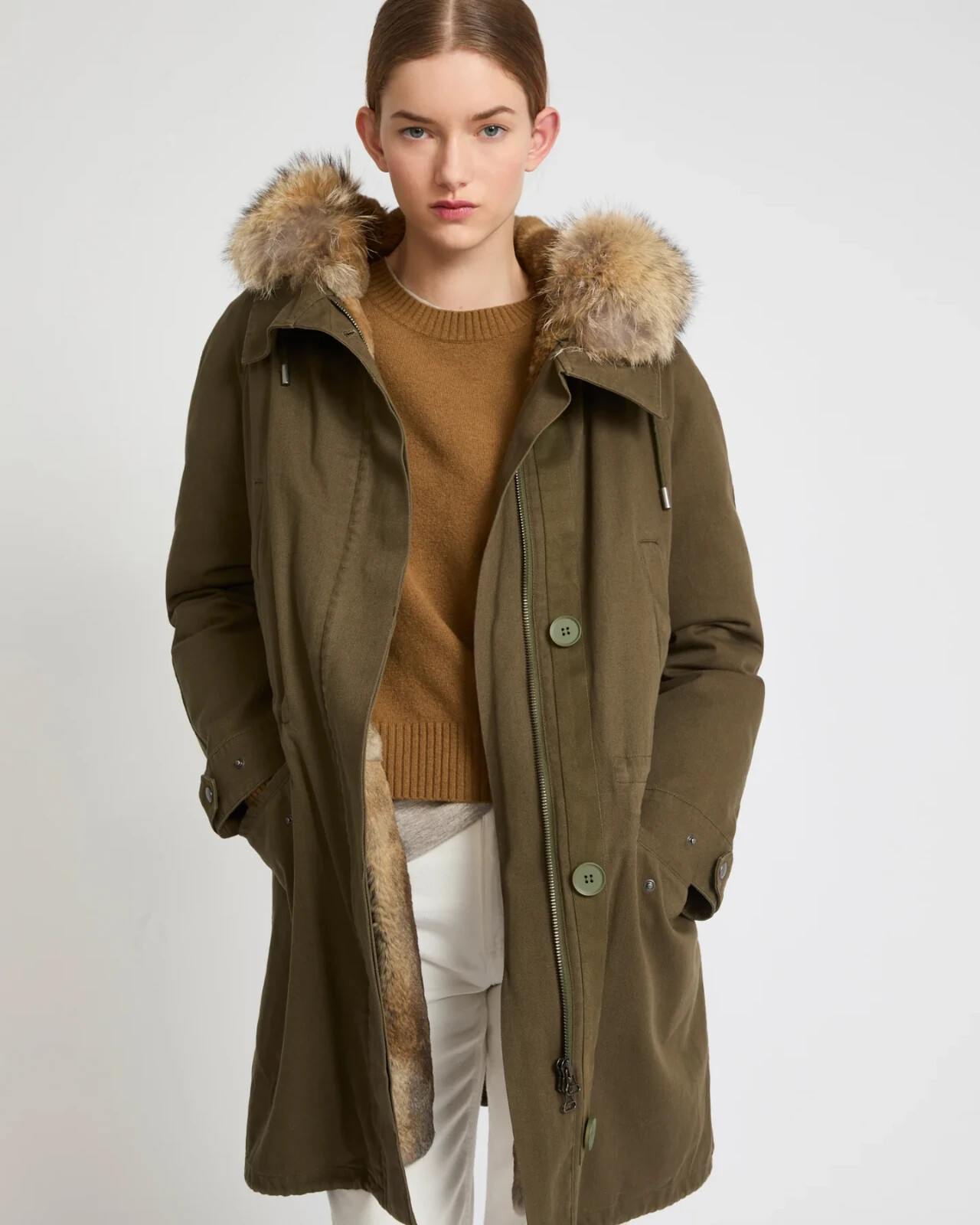 £ 1900 Yves Salomon Parka Cappotto Giacca Pelliccia di Coniglio e Pelliccia di Coyote Bordato con Cappuccio XS