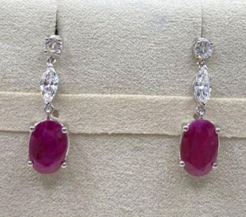 18kt PAIR WHITE GOLD PENDANT EARRINGS CERTIFIED NATURAL DIAMONDS & RUBIES - Picture 1 of 3
