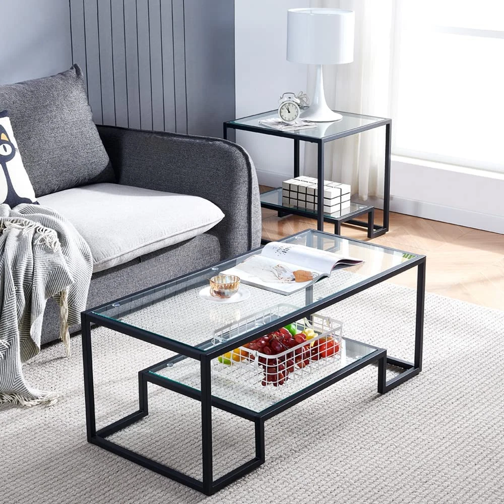 Black Metal Glass Coffee Table Simple Center Coffee Table for