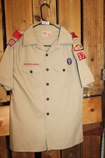 Boy Scouts of America BSA Youth Shirt Large Tan Sewn on patches