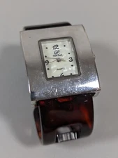 Womans Whote Pearlized Dial Silver Tone Case Brown Faux Tortoise Shell Watch 6in