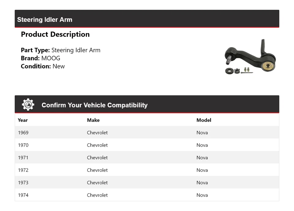 Brazo de rueda loca de dirección para Chevrolet Nova 1969-1974 MOOG 1969 1970 1971 1972 1973 Foto 2 de 4