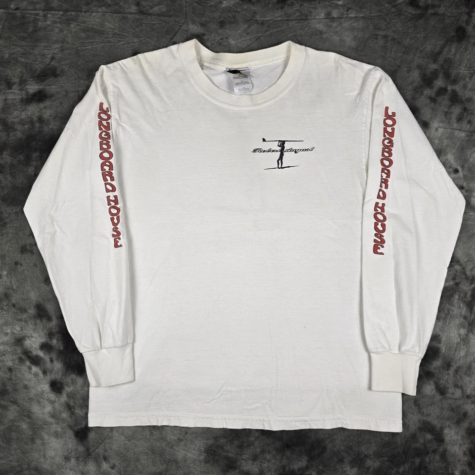 Camiseta Masculina Vintage Anos 90 Robert August Surf Beach Longboard House Graphic LS M - Imagem 2 de 4