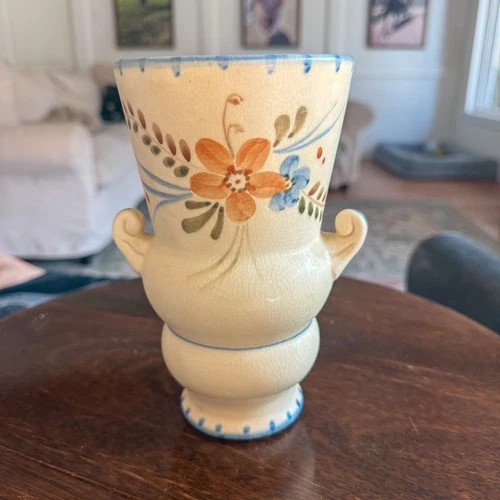Weller Pottery Vintage Bonita Vase Mini Handles Floral Cream and Blue 7.5"