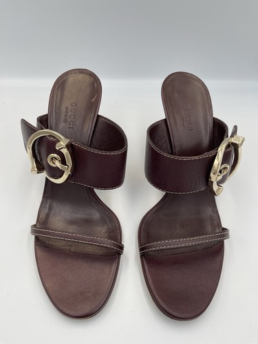GUCCI Juanita Oxblood Burgundy Leather Sandals Gold Buckle Heels IT 38,5 US 8,5 - Bild 3 von 17