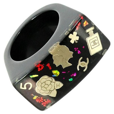 CHANEL Coco Mark Ring Logo Plastic Black Vintage Icon Camellia No.5 Women