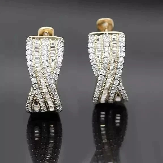 2Ct Baguette Cut Simulated Diamond Hoop Women's Earrings 14K Yellow Gold Plated - Image 2 of 4