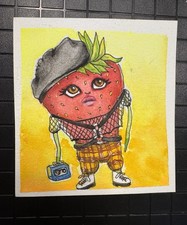 ACEO Art Card Hand Painted Original Watercolor, Fruit, Strawberry, Punk, Kawaii