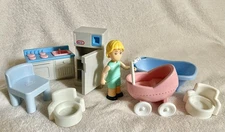 Little Tikes Doll Furniture Lot - Blonde Figure Fridge Sink Carriage Bath Chairs