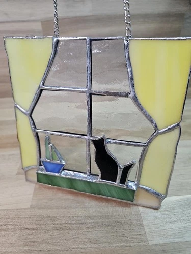 Vintage Stained Glass Suncatcher Black Cat & Sailboat Window Scene 5.5" Tiffany