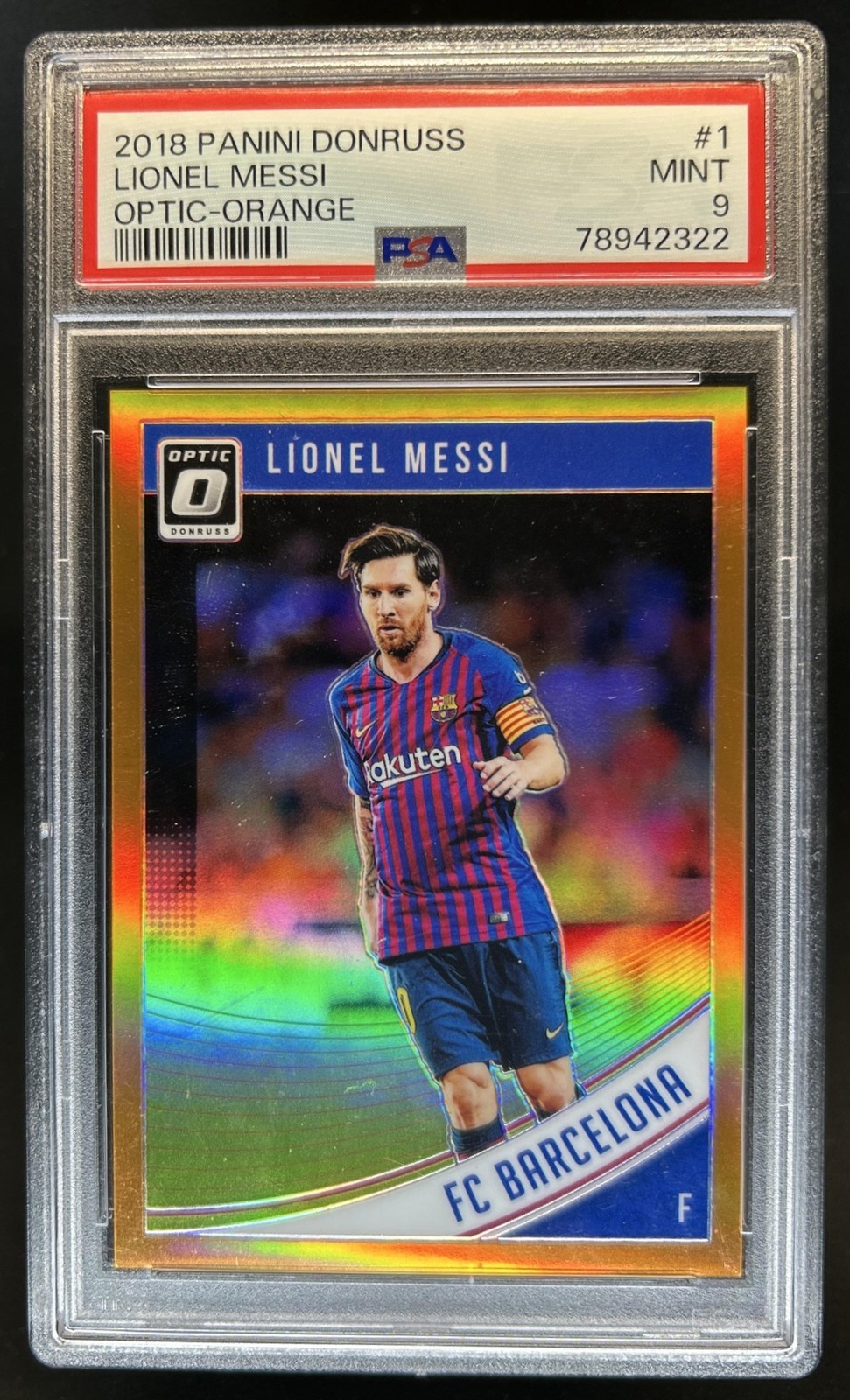 2018 Panini Donruss Lionel Messi Optic Orange Prizm #/99 Barcelona PSA 9