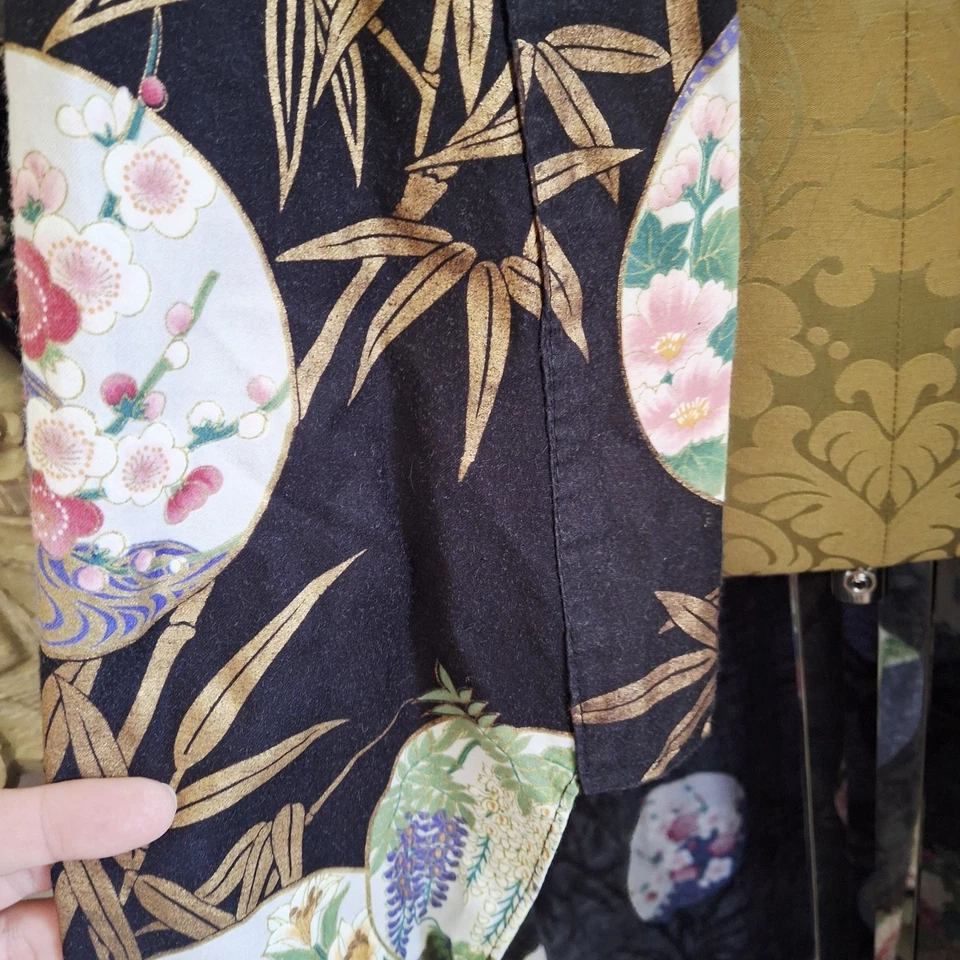 Bata Kimono Vintage Japón Algodón Hasta el Suelo Negra Multi Floral Boho Lounge O/S Foto 4 de 4
