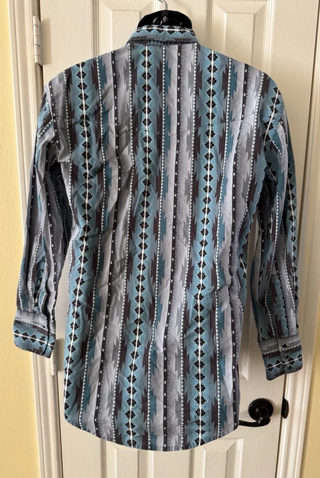 Camisa Azteca Vintage Wrangler Talla Pequeña Brushpopper Perla Occidental A Presión Gris Azul Foto 3 de 4