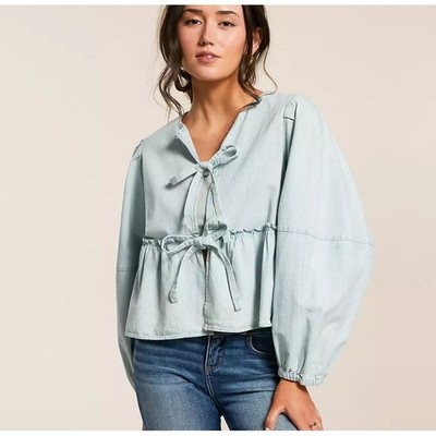 Free People Denim Brunch Babe Top Light Wash Blue Tie Front Peplum Blouse Small