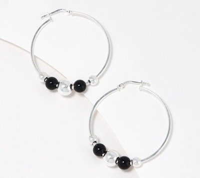Ultrafeine 950 Silber graduierte schwarze Onyx Perlen Creolen, 1-1/2''