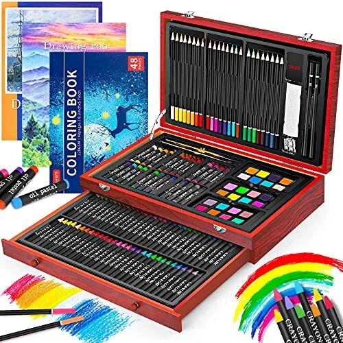 Art Supplies, 150-Pack Deluxe Wooden Art Set Crafts Drawing Painting Kit with