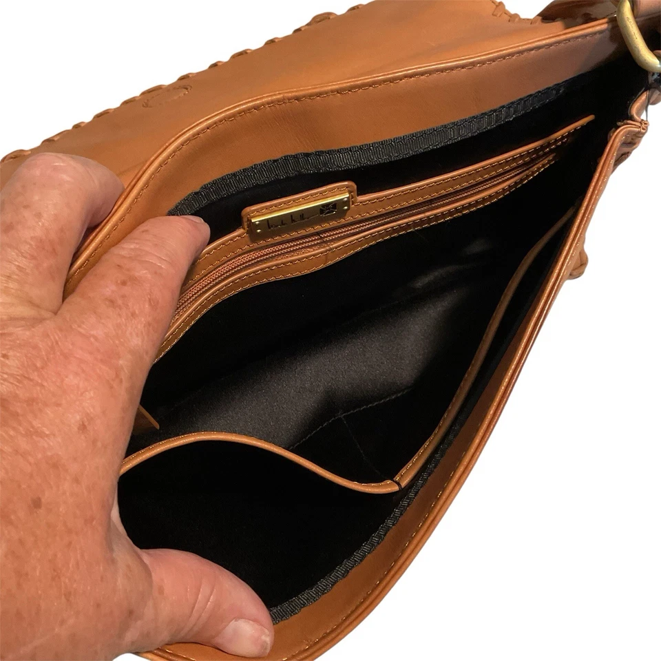 Nicole Miller Tan Leather Shoulder Purse Fringed Tassel Adjustable Straps - Image 4 of 4