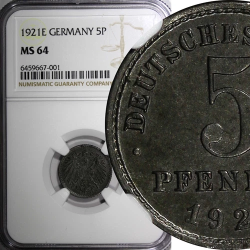 Germany - Empire Iron 1921 E 5 Pfennig NGC MS64 SCARCE MINT TOP GRADED KM# 19(1)