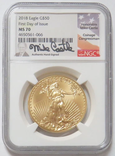 2018 GOLD CASTLE SIGNED $50 AMERICAN EAGLE 1 OZ COIN NGC MS 70 FDOI FIRST DAY