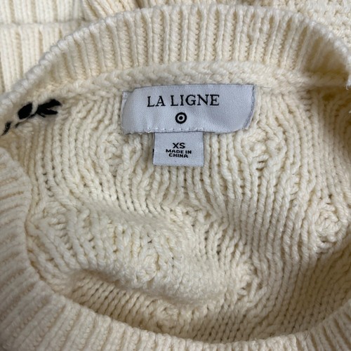 La Ligne Womens Ivory Cable Knit Sweater Crewneck Ribbed Hem Black Trim Sz XS - Picture 4 of 6