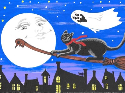 1.5x2 DOLLHOUSE MINIATURE PRINT OF PAINTING RYTA 1:12 SCALE HALLOWEEN GHOST CAT