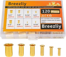 120Pcs Tube OD(1/8"3/16" 1/4" 5/16'' 3/8" 1/2") Brass Compression Insert,Insert