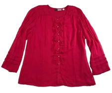 Simply Chloe Dao Womens Blouse Sz L Red Ruffle Button-Up Long Sleeve Lined NWOT