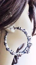 LARGE 2.5 inch HOOP EARRINGS SILVER TONE BAMBOO HOOP EARRINGS DOUBLE SIDE