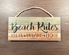 Beach Rules Relax Unwind Enjoy Weathered 5 x 10 Wood Plank Design Hanging Sign