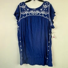 Style & Co Womens XL Dark Blue White Embroidered Detailing Blouse Top NWT BF63