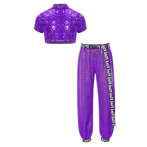 Kids Girls Suits Hip Hop Set Sparkly Outfit Short Sleeve Crop Top Mock Neck - Picture 40 of 81