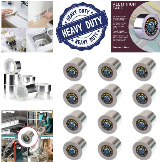 HOUSE OF FLUFF 6 Rolls ALUMINIUM FOIL TAPE SELF ADHESIVE DUCT 50M 100MM INSULATION 0.03mm Thick