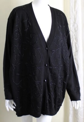NWT Hasting & Smith Sz 2X Black All Beaded 32''L Wool Beautiful Cardigan Sweater 