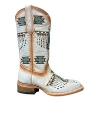T0223 Kids Corral Boots White With Turquoise Embroidery