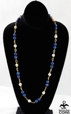 18k Yellow Gold Semi-Round White Pearl  Lapis Lazuli Bead Necklace