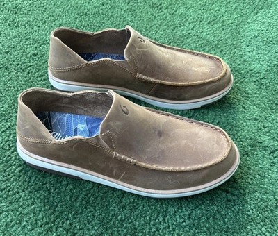 Mens OluKai Kalia Leather Slip On Shoes Size 9.5 Tan/Tan Nubuck Loafers