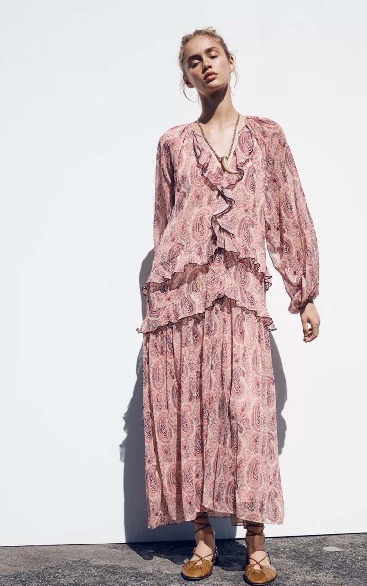zara floral chiffon dress ZARA FW24 RUFFLED FLORAL CUT OUT MIDI CHIFFON DRESS Multicolored 8957/218_S  NWT