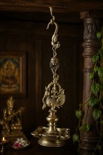 Antique South Indian Hanging Brass Thookku Vilakku Oil Lamp Saraswati On