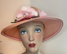 Women's Vintage Pink Wide Brim Straw Hat with Flower Sz 21 3/4" Peggy Earles Org