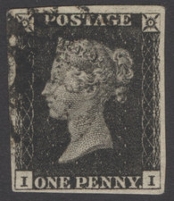 SG 1 1d intense black plate 1b lettered II, showing non coincident re-entry...