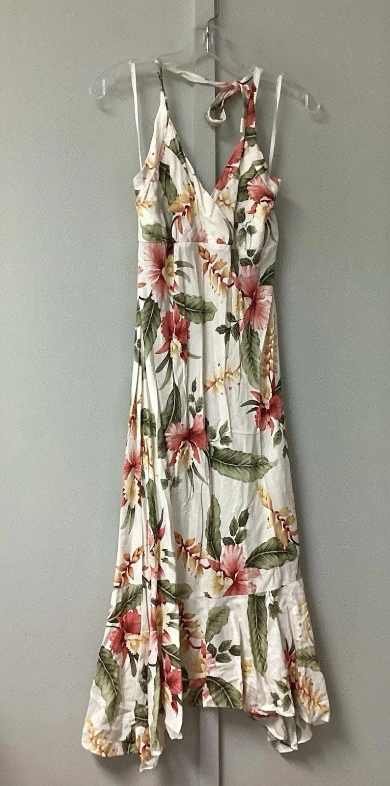 PALM ANGELS Maxi abito estivo hawaiano rayon taglia media due palme reggicalze scollo a cuore